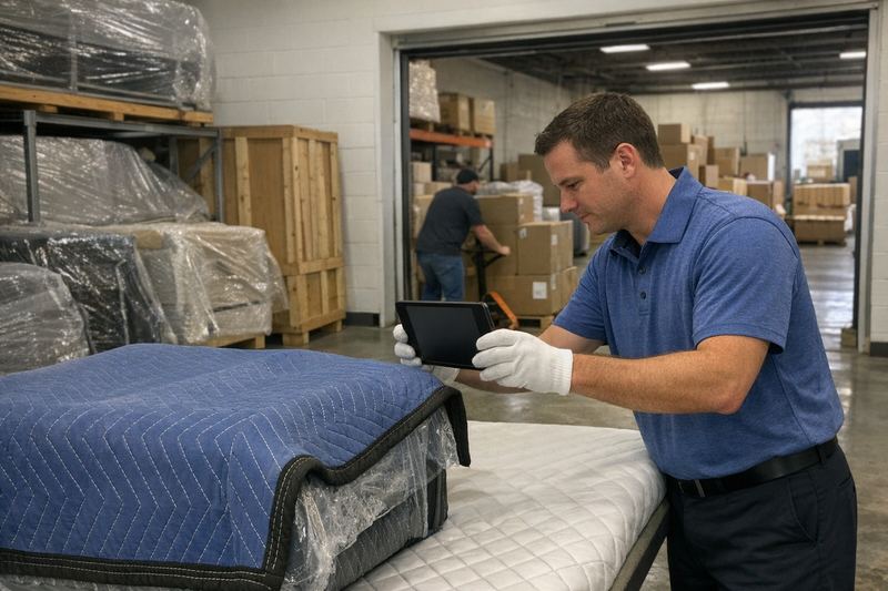 A team member logging a wrapped furniture piece inside the FDWD facility between climate-controlled storage and ambient receiving.