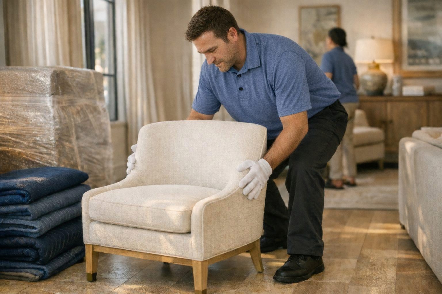 White-gloved crew members placing a designer chair during an install day in a bright Southwest Florida home.